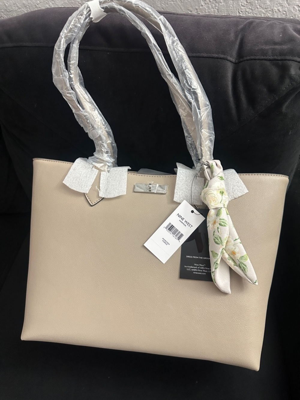 Nine West Harmon “Greige” (Gray-Beige) Tote Bag Purse with Floral Scarf NWT!
